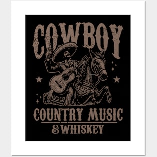 Cowboy; whiskey; country music; Mexican; Mexico; guitar; horse; country and western; old west; wild west; Texas; outlaw; guitar; country; western; horses; vintage; retro Posters and Art